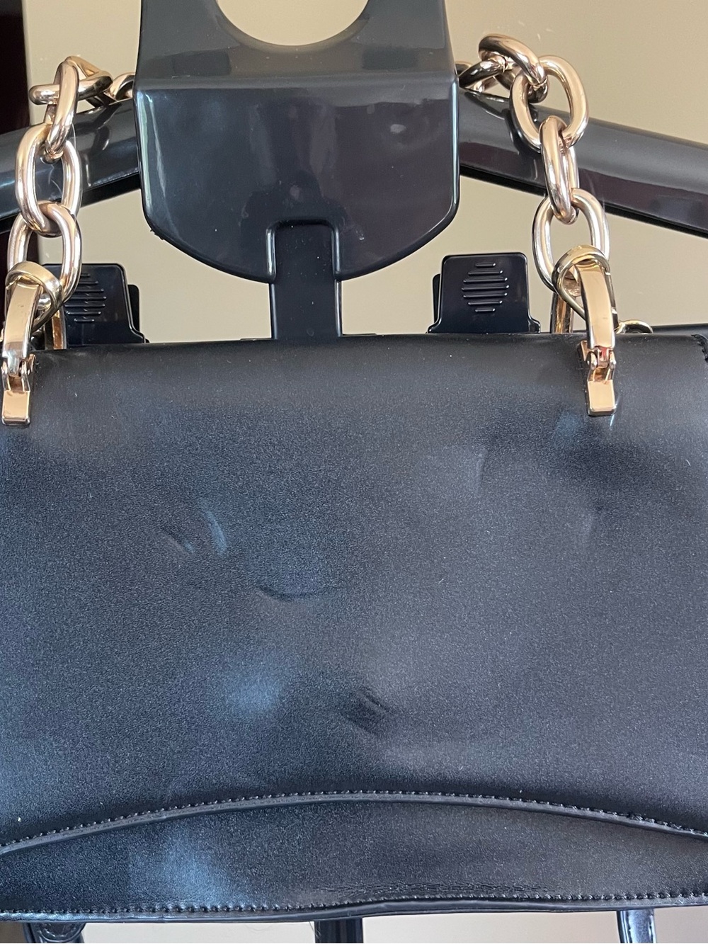 Aqua Black Satin Shoulder Bag with Gold Chain Handles